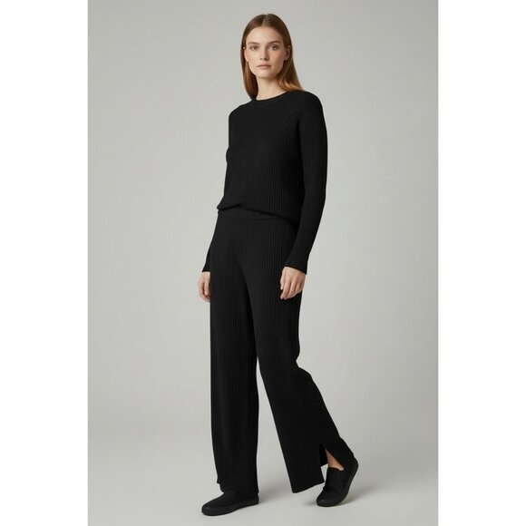 Eileen Fisher Pants - Eileen Fisher Black Ribbed Tencel Stretch Wide Leg Pants Pull-On L